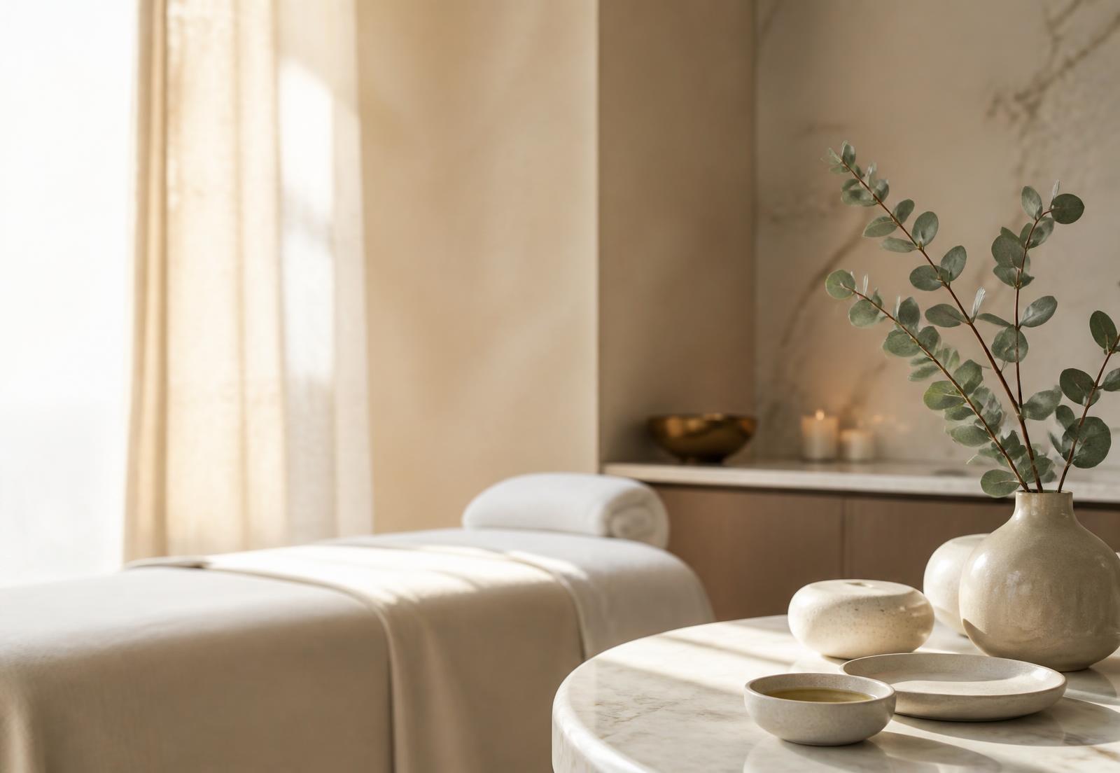 Calm treatment room with linen drapes and eucalyptus